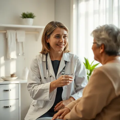 Detailed image of Dr. Lena Müller discussing acupuncture treatment with a patient in a calming clinic setting.