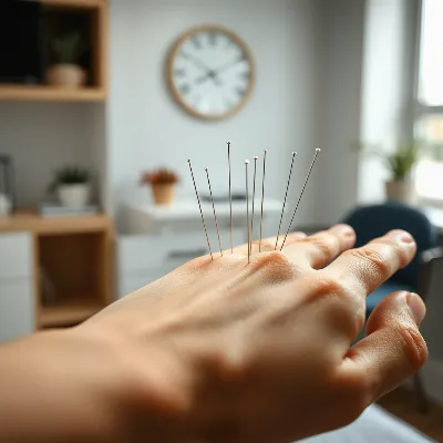 Close-up of acupuncture needles on a patient's hand, calm and professional setting