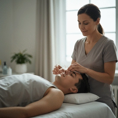 Akupunktur Behandlungsszene mit Patient und Therapeut