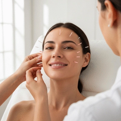 User receiving acupuncture treatment for eye health